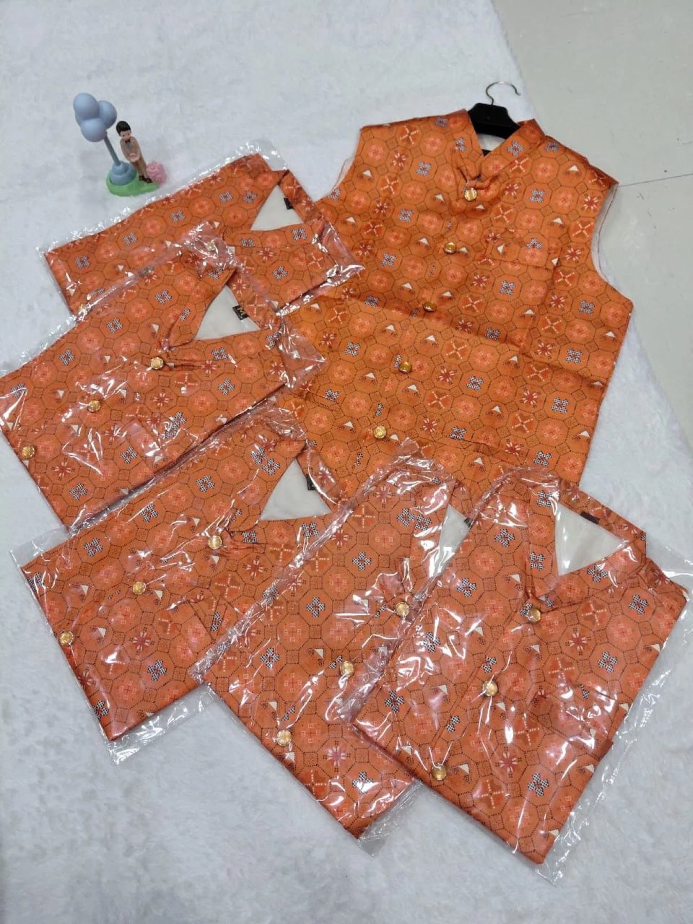 Popular Mens Cotton Linen Orange Printed Kurta & Jacket Set Full 3 Piece Ready Collection Wholesale Offer 2025 Collection