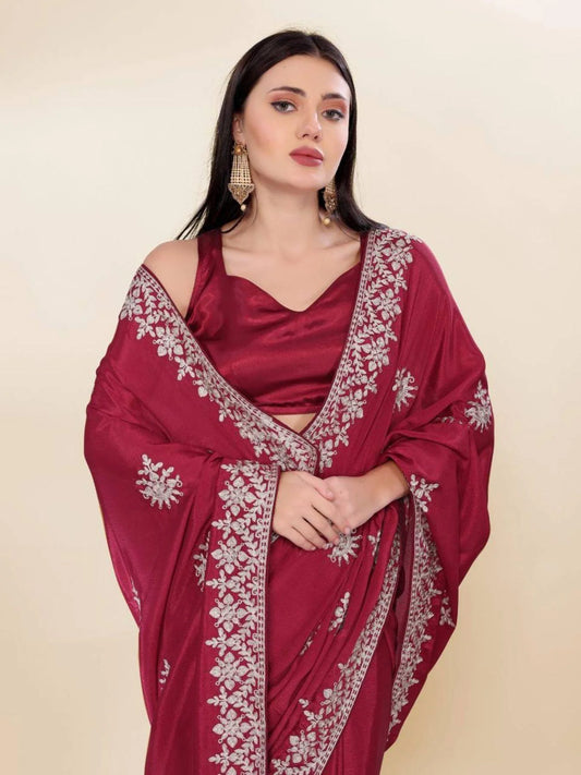 Minimalist Party Wear Chinon Silk Saree With Embroidered Design