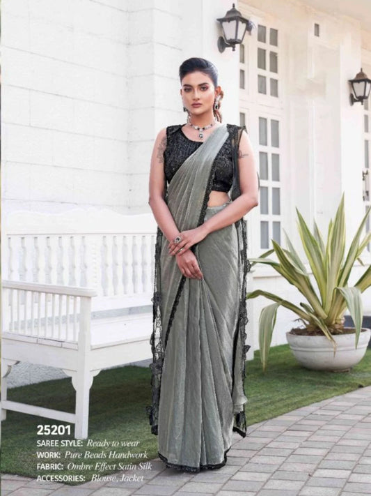Ready to Wear Satin Silk Ombre Effect Saree with Designer Jacket Stunning Beadwork