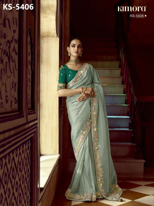 Retail Luxury Designer Crush Silk Party Saree with Embellished Contrast Blouse for Festive Occasions