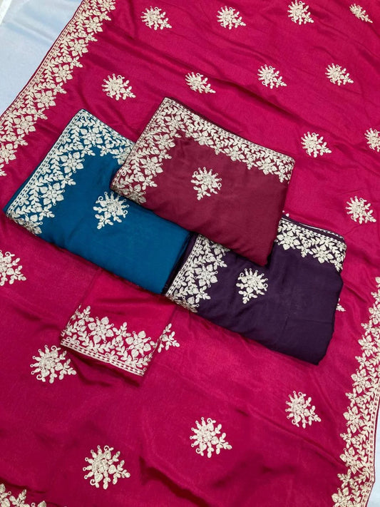Minimalist Party Wear Chinon Silk Saree With Embroidered Design
