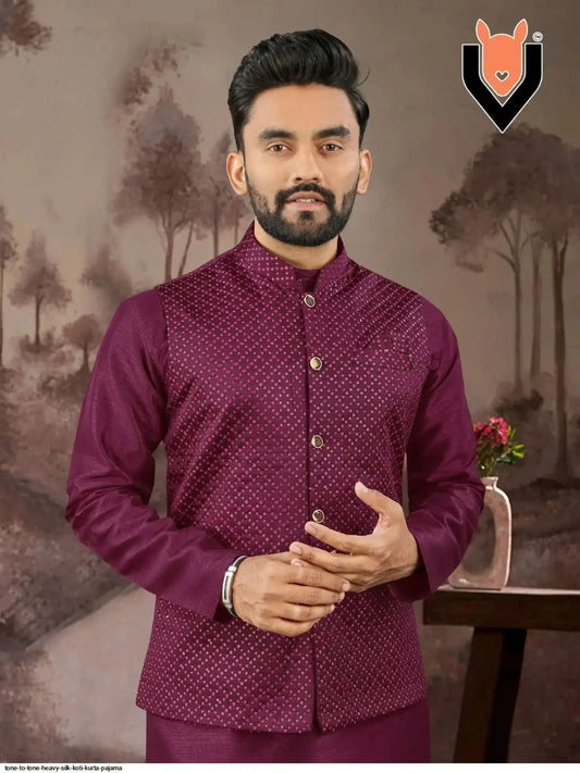 Mens Ethnic Wear Koti Set Heavy Silk Kurta Pajama Set with Sequins Work Best Seller