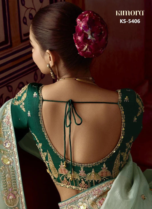 Retail Luxury Designer Crush Silk Party Saree with Embellished Contrast Blouse for Festive Occasions