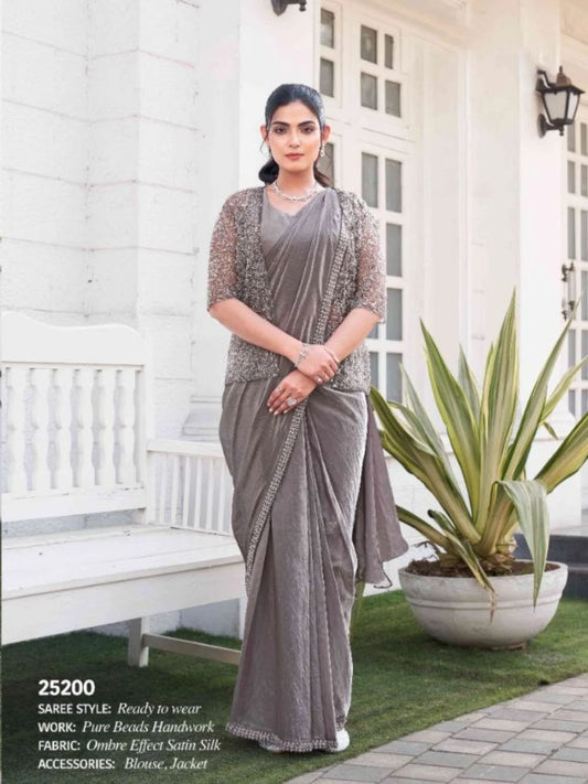 Ombre Effect Satin Silk Beads Handwork Ready to Wear Wedding Party Wear Saree With Designer Jacket