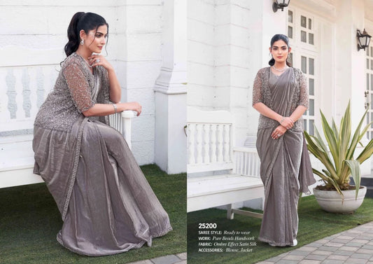 Ombre Effect Satin Silk Beads Handwork Ready to Wear Wedding Party Wear Saree With Designer Jacket
