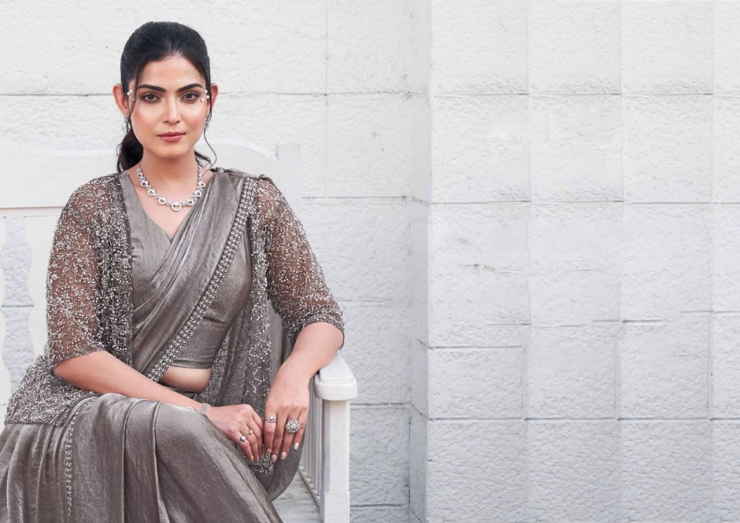 Ombre Effect Satin Silk Beads Handwork Ready to Wear Wedding Party Wear Saree With Designer Jacket