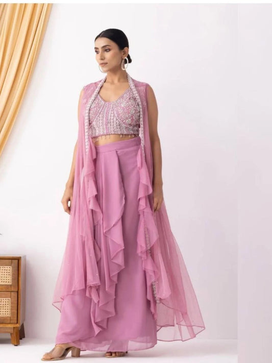 Party Wear Pink Georgette Dhoti Style Suit Embroidered Blouse & Lace Dhoti with Ruffle Koti (Copy)
