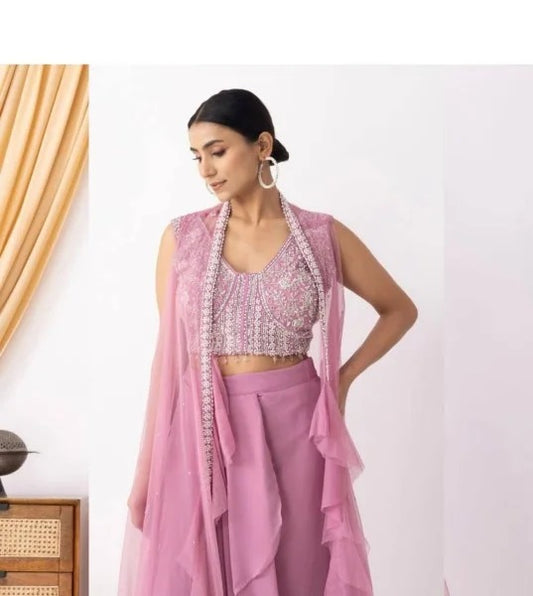 Party Wear Pink Georgette Dhoti Style Suit Embroidered Blouse & Lace Dhoti with Ruffle Koti (Copy)