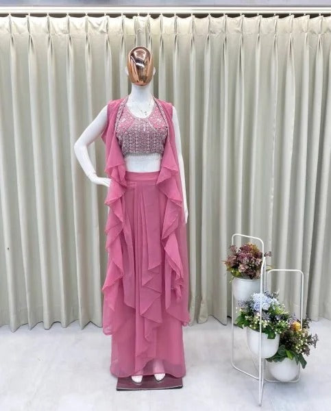 Party Wear Pink Georgette Dhoti Style Suit Embroidered Blouse & Lace Dhoti with Ruffle Koti (Copy)