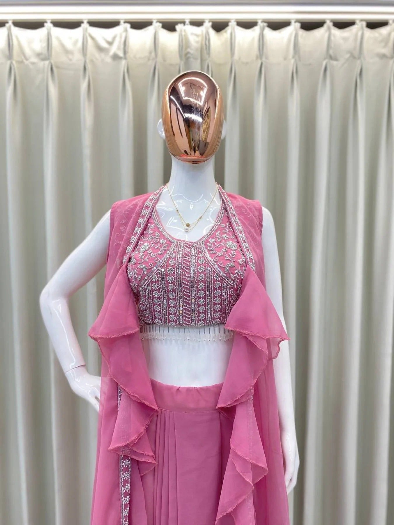 Party Wear Pink Georgette Dhoti Style Suit Embroidered Blouse & Lace Dhoti with Ruffle Koti (Copy)