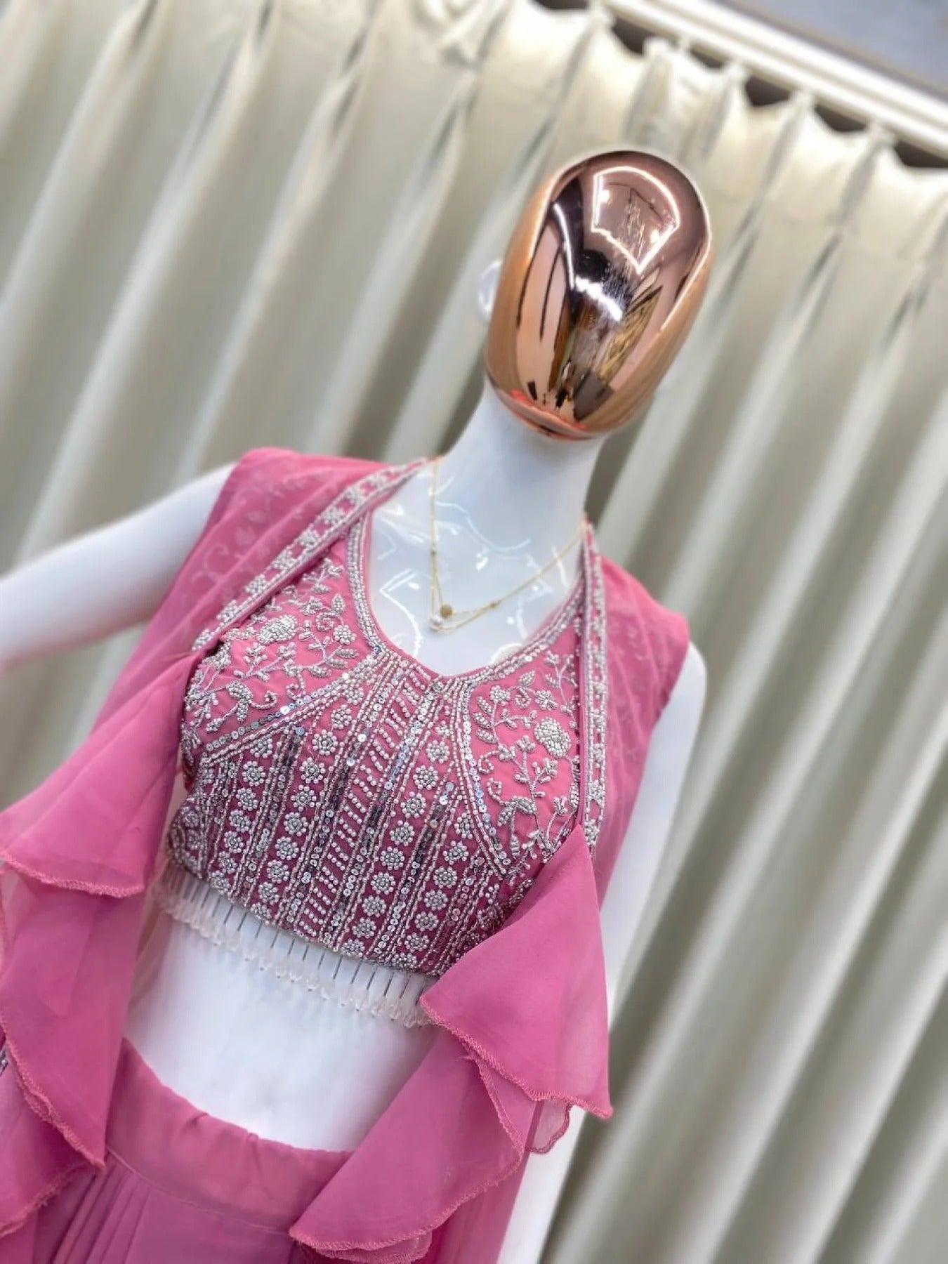 Party Wear Pink Georgette Dhoti Style Suit Embroidered Blouse & Lace Dhoti with Ruffle Koti (Copy)