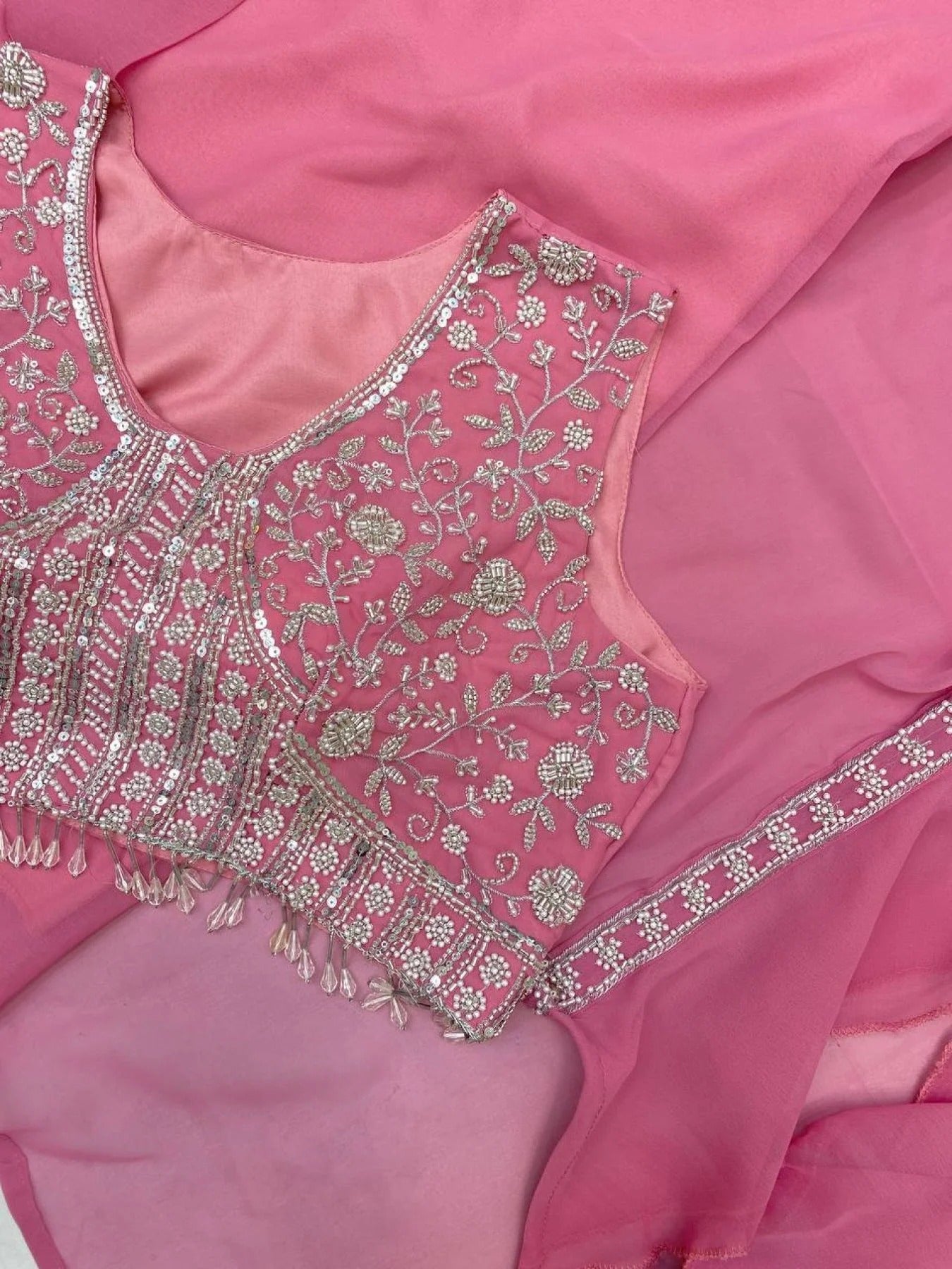 Party Wear Pink Georgette Dhoti Style Suit Embroidered Blouse & Lace Dhoti with Ruffle Koti (Copy)