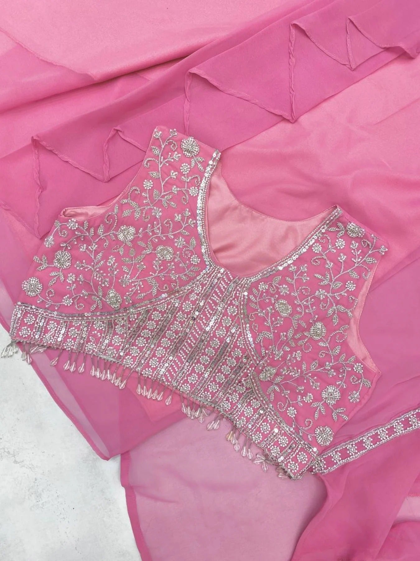 Party Wear Pink Georgette Dhoti Style Suit Embroidered Blouse & Lace Dhoti with Ruffle Koti (Copy)