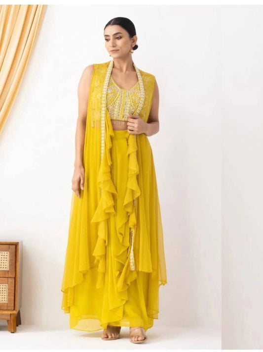 Party Wear Yellow Georgette Dhoti Style Suit Embroidered Blouse & Lace Dhoti with Ruffle Koti