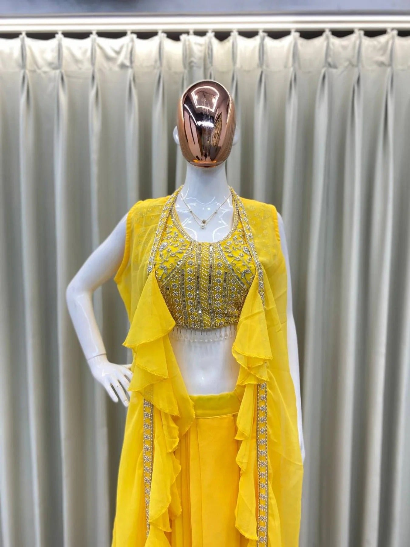 Party Wear Yellow Georgette Dhoti Style Suit Embroidered Blouse & Lace Dhoti with Ruffle Koti