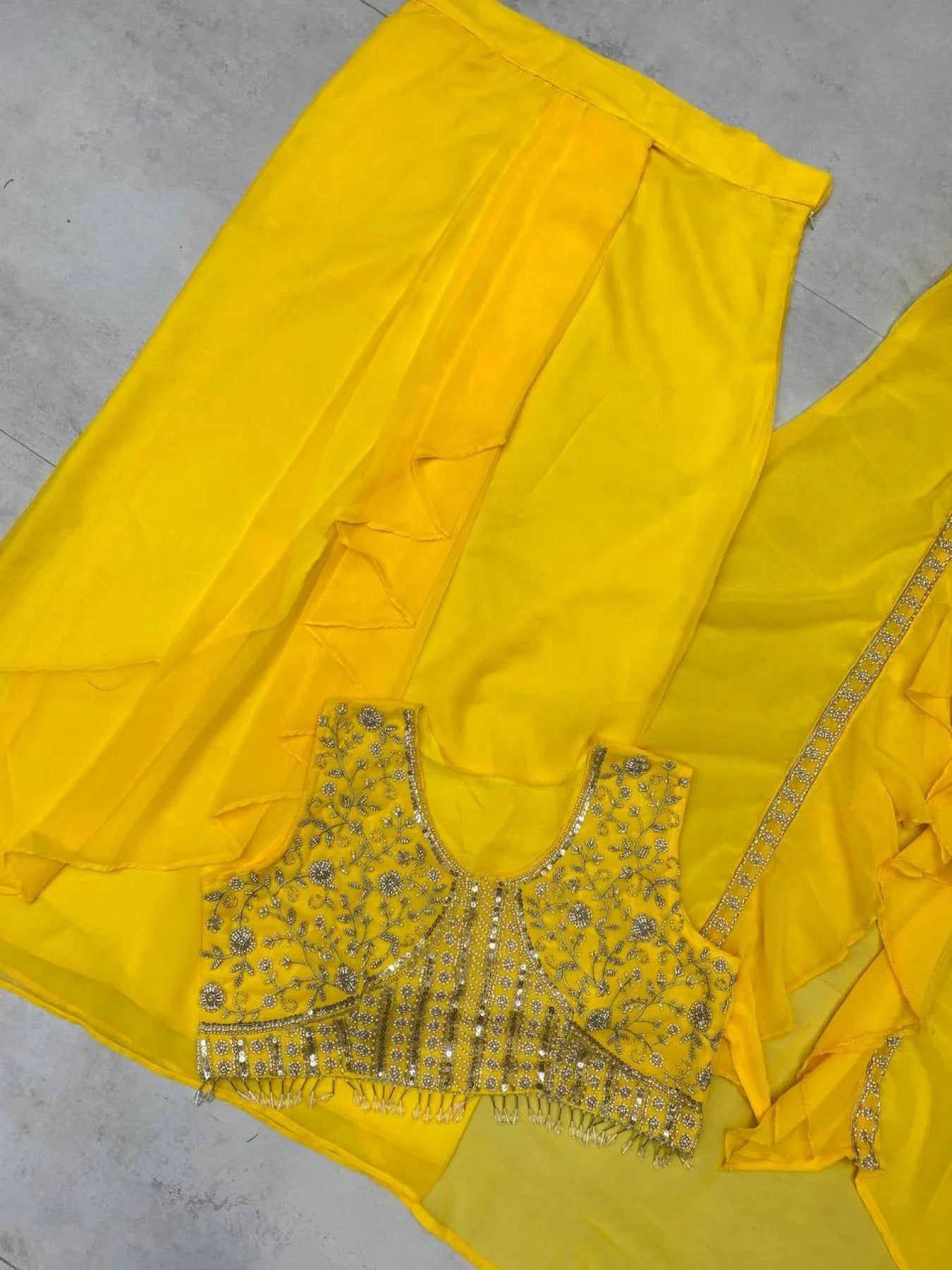 Party Wear Yellow Georgette Dhoti Style Suit Embroidered Blouse & Lace Dhoti with Ruffle Koti