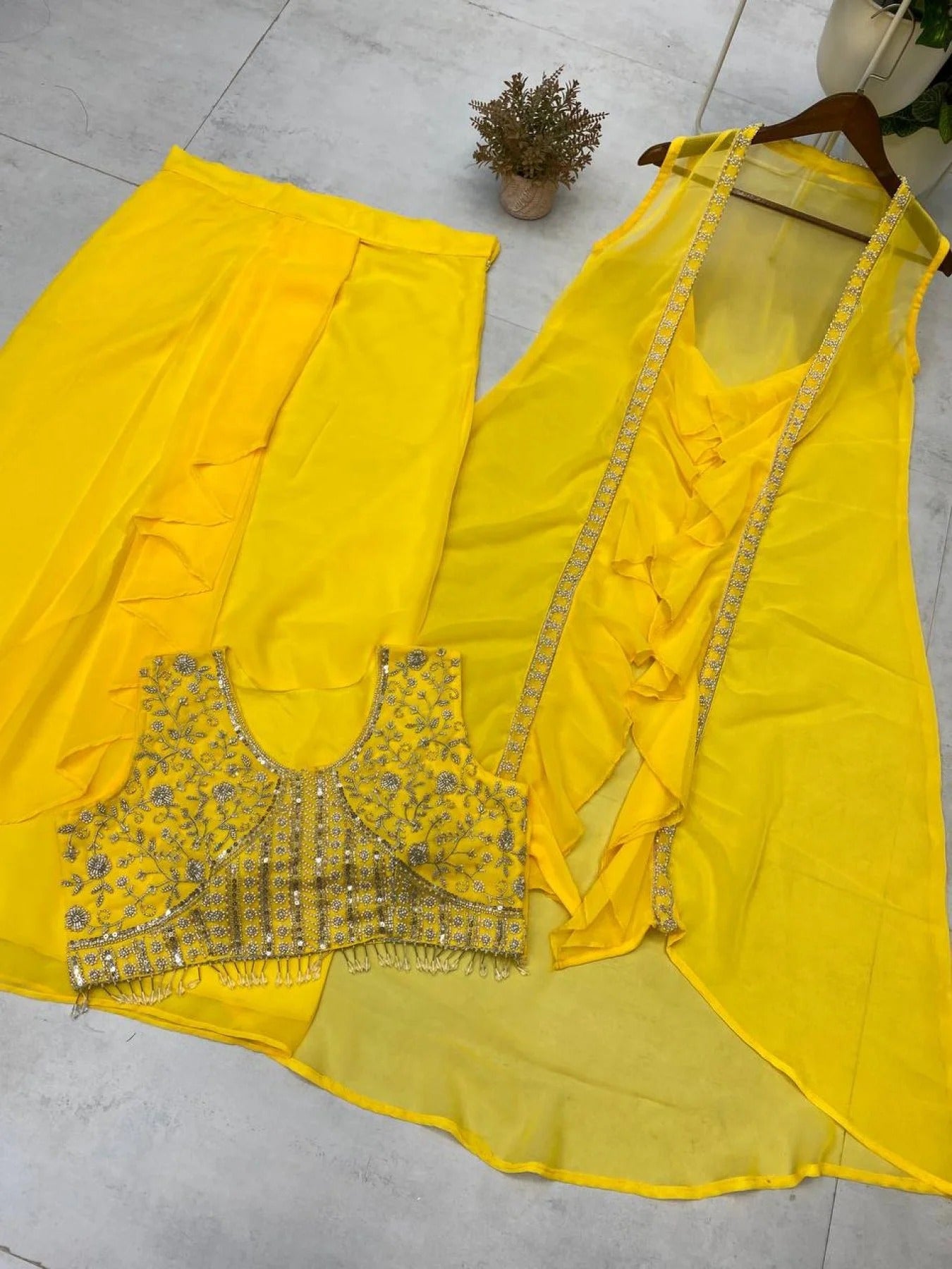 Party Wear Yellow Georgette Dhoti Style Suit Embroidered Blouse & Lace Dhoti with Ruffle Koti