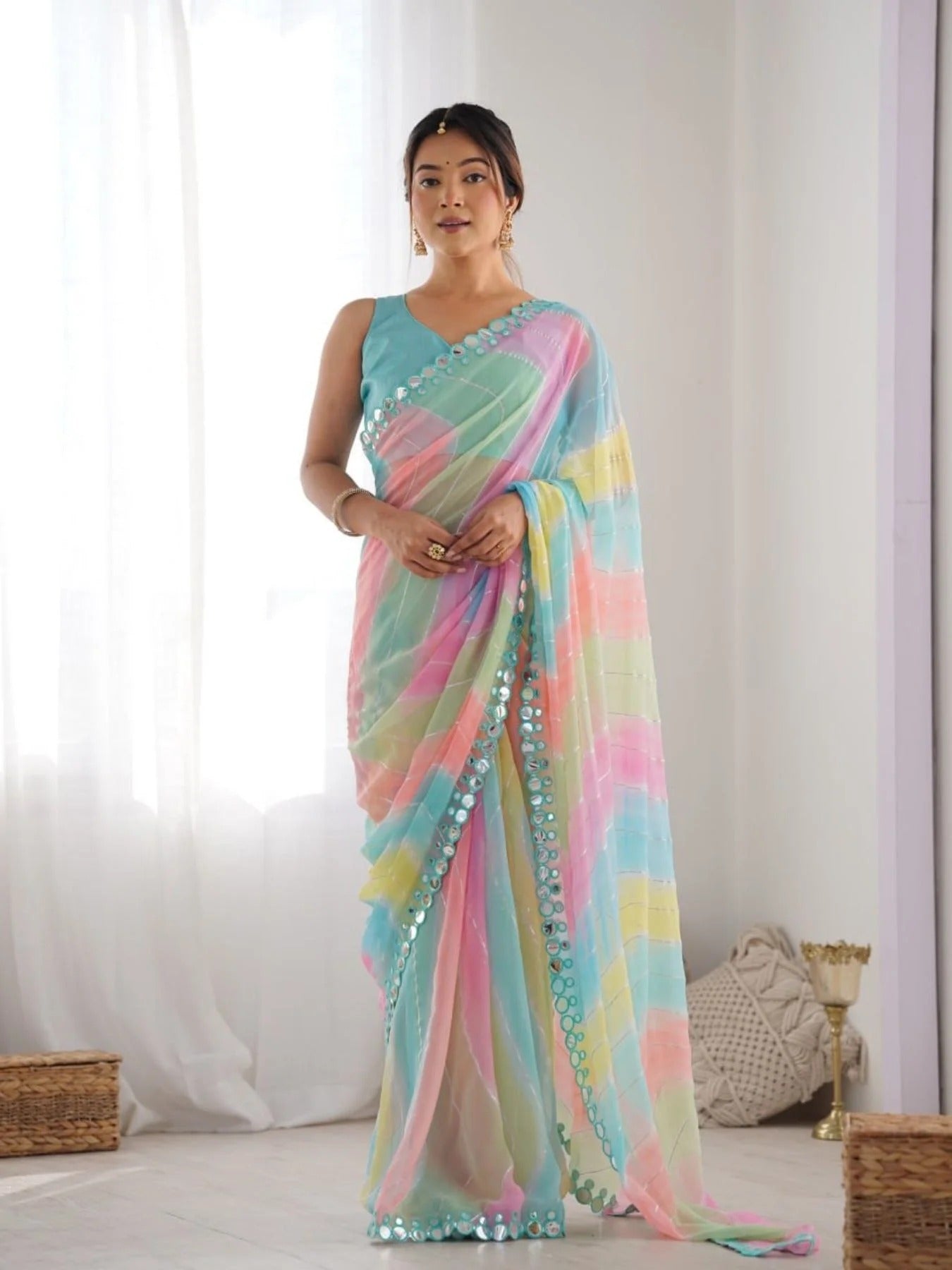 Rembo Style Georgette Saree with Prizm Print Double Mirror Border Bollywood Inspired Partywear