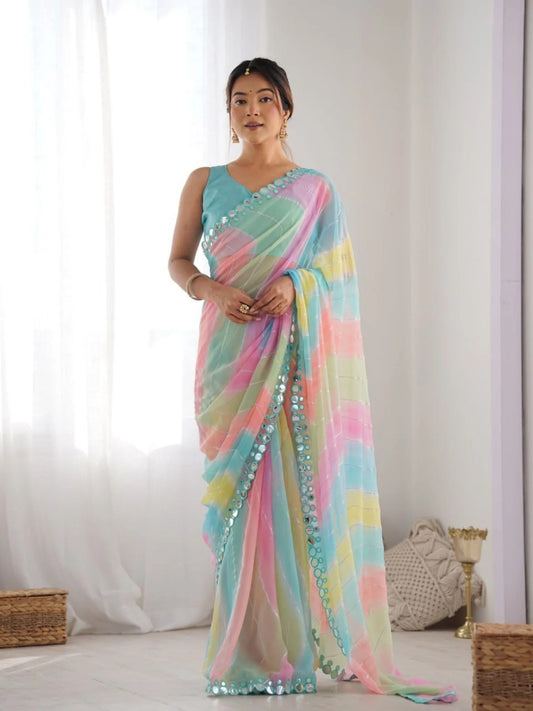 Rembo Style Georgette Saree with Prizm Print Double Mirror Border Bollywood Inspired Partywear