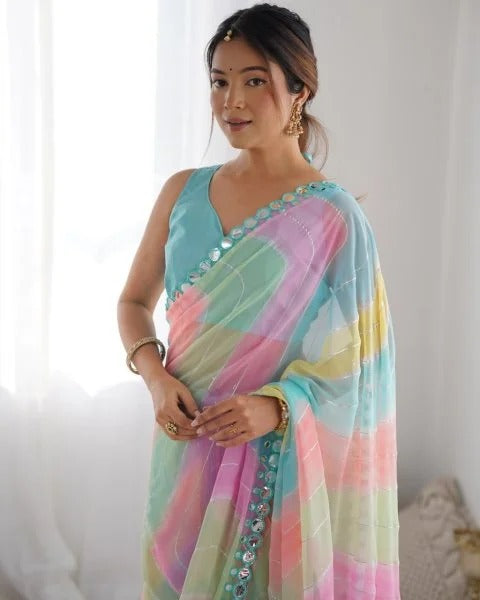 Rembo Style Georgette Saree with Prizm Print Double Mirror Border Bollywood Inspired Partywear