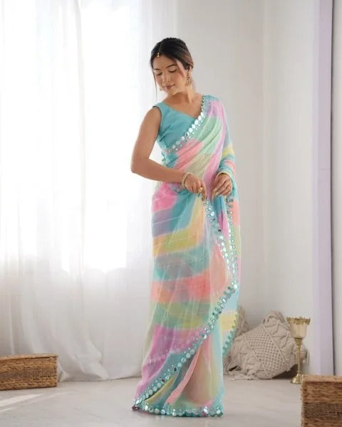 Rembo Style Georgette Saree with Prizm Print Double Mirror Border Bollywood Inspired Partywear