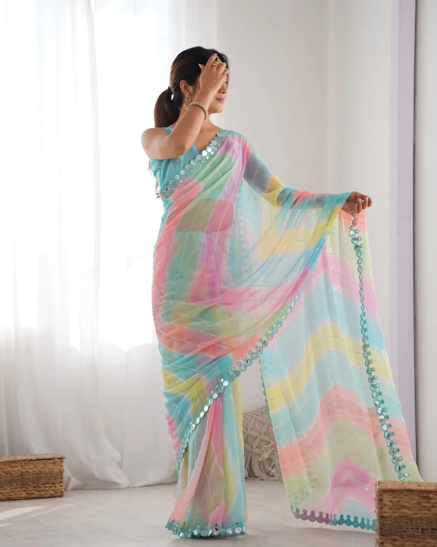 Rembo Style Georgette Saree with Prizm Print Double Mirror Border Bollywood Inspired Partywear
