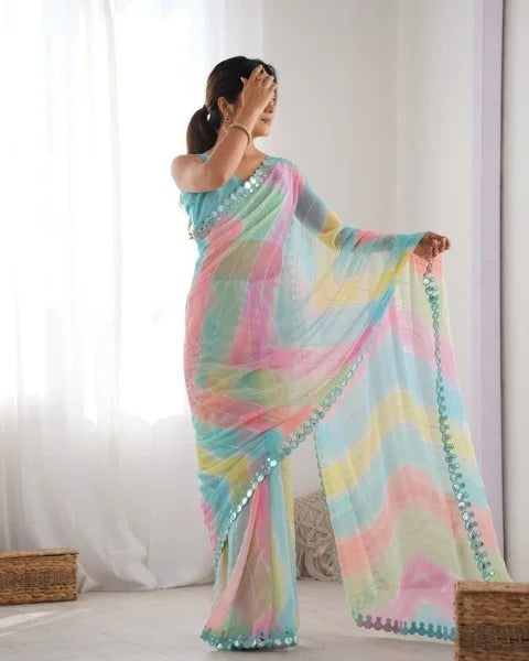 Rembo Style Georgette Saree with Prizm Print Double Mirror Border Bollywood Inspired Partywear