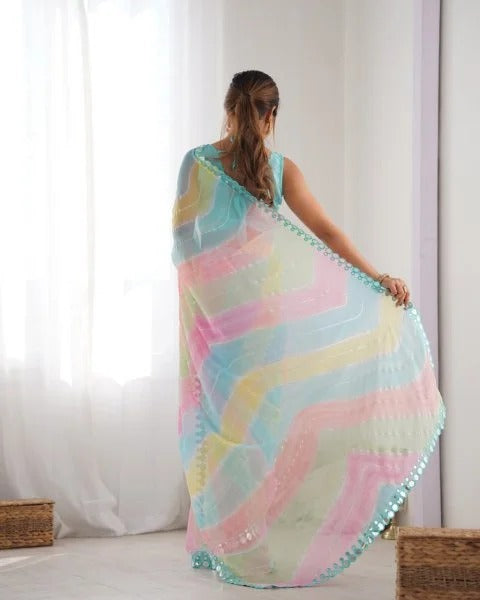 Rembo Style Georgette Saree with Prizm Print Double Mirror Border Bollywood Inspired Partywear