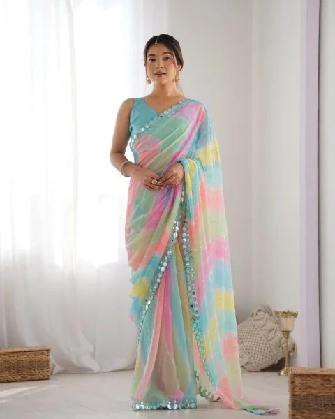 Rembo Style Georgette Saree with Prizm Print Double Mirror Border Bollywood Inspired Partywear