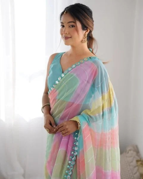 Rembo Style Georgette Saree with Prizm Print Double Mirror Border Bollywood Inspired Partywear