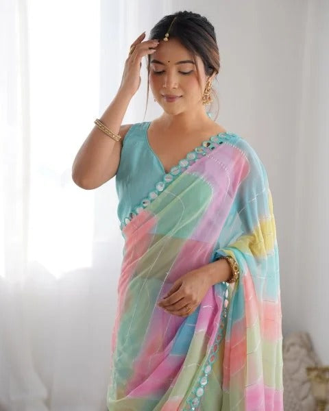 Rembo Style Georgette Saree with Prizm Print Double Mirror Border Bollywood Inspired Partywear