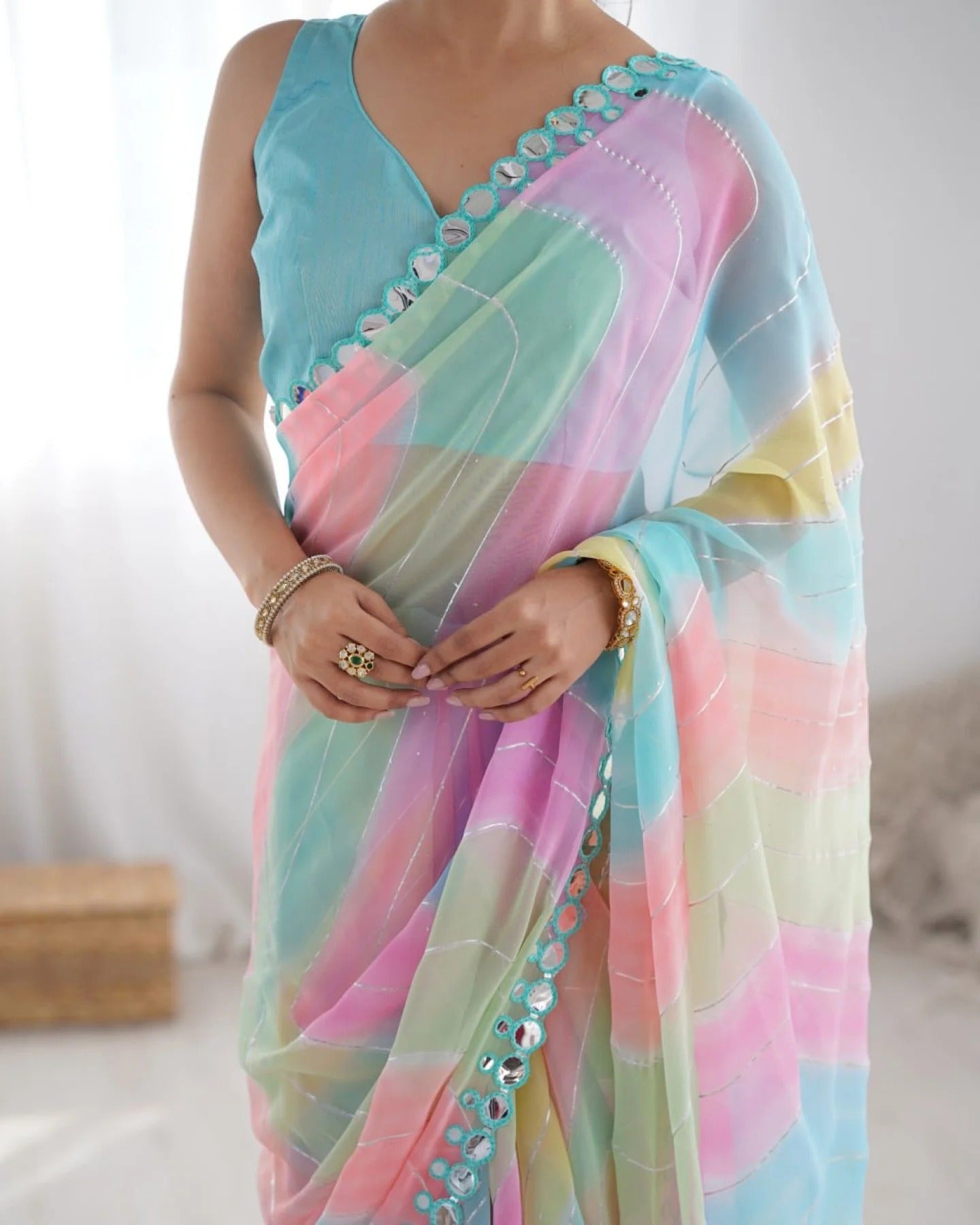 Rembo Style Georgette Saree with Prizm Print Double Mirror Border Bollywood Inspired Partywear