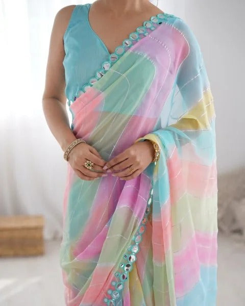Rembo Style Georgette Saree with Prizm Print Double Mirror Border Bollywood Inspired Partywear