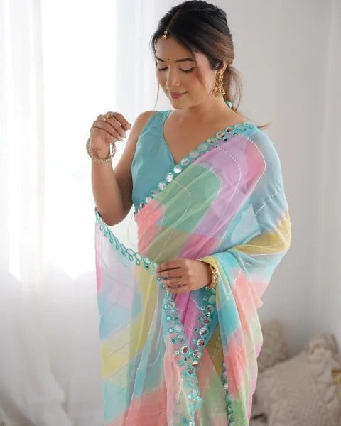 Rembo Style Georgette Saree with Prizm Print Double Mirror Border Bollywood Inspired Partywear