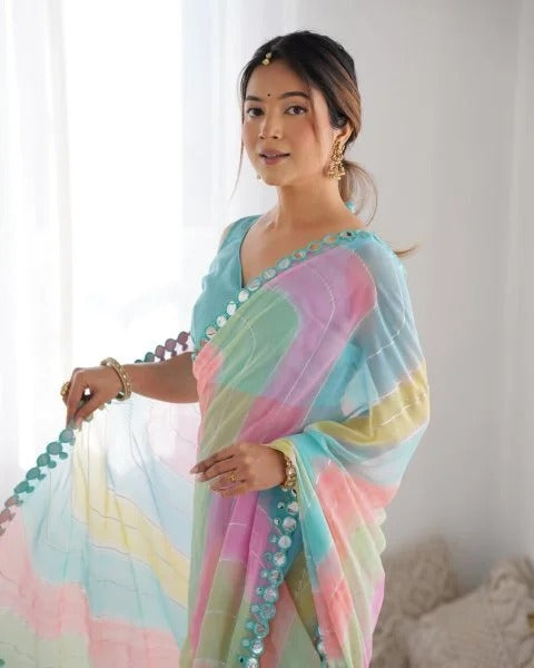 Rembo Style Georgette Saree with Prizm Print Double Mirror Border Bollywood Inspired Partywear
