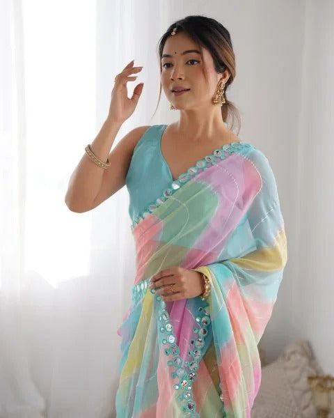 Rembo Style Georgette Saree with Prizm Print Double Mirror Border Bollywood Inspired Partywear
