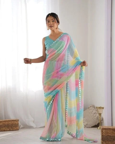 Rembo Style Georgette Saree with Prizm Print Double Mirror Border Bollywood Inspired Partywear
