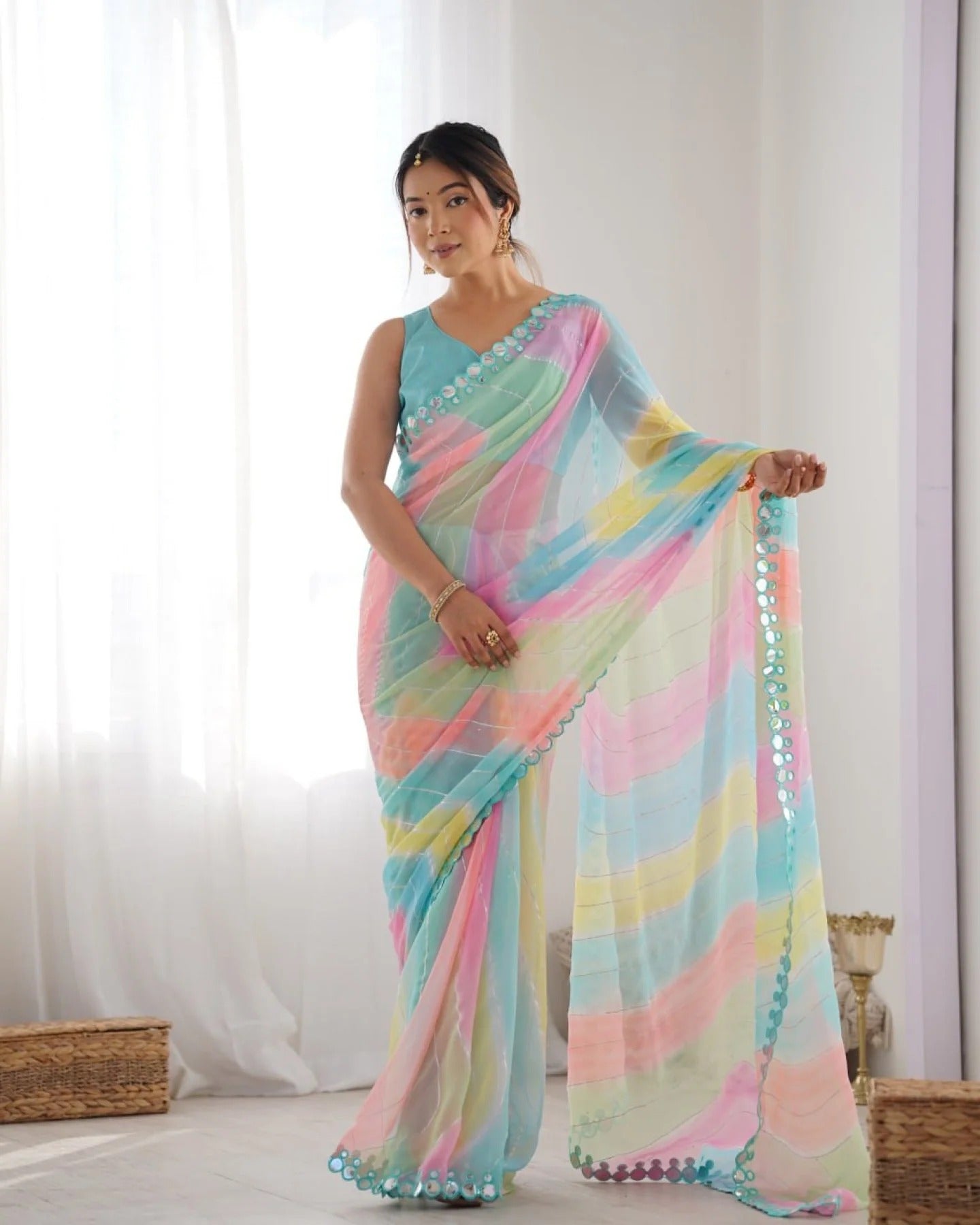 Rembo Style Georgette Saree with Prizm Print Double Mirror Border Bollywood Inspired Partywear