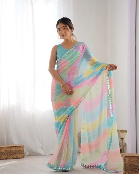 Rembo Style Georgette Saree with Prizm Print Double Mirror Border Bollywood Inspired Partywear